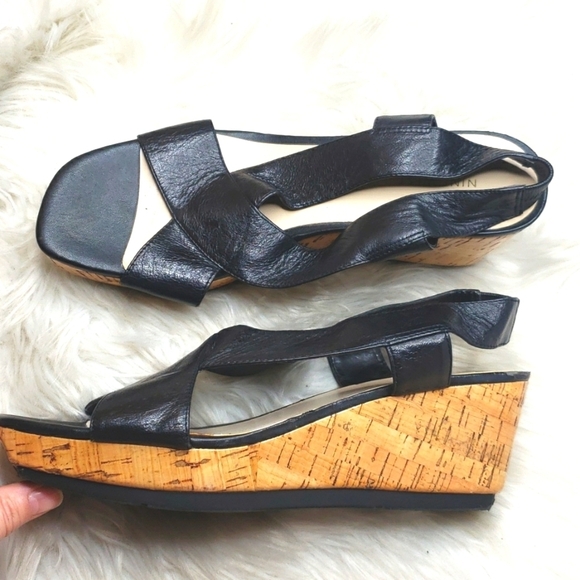 Nine West Leather Wedge Sandal Alpine Race Black 10M - Picture 1 of 8